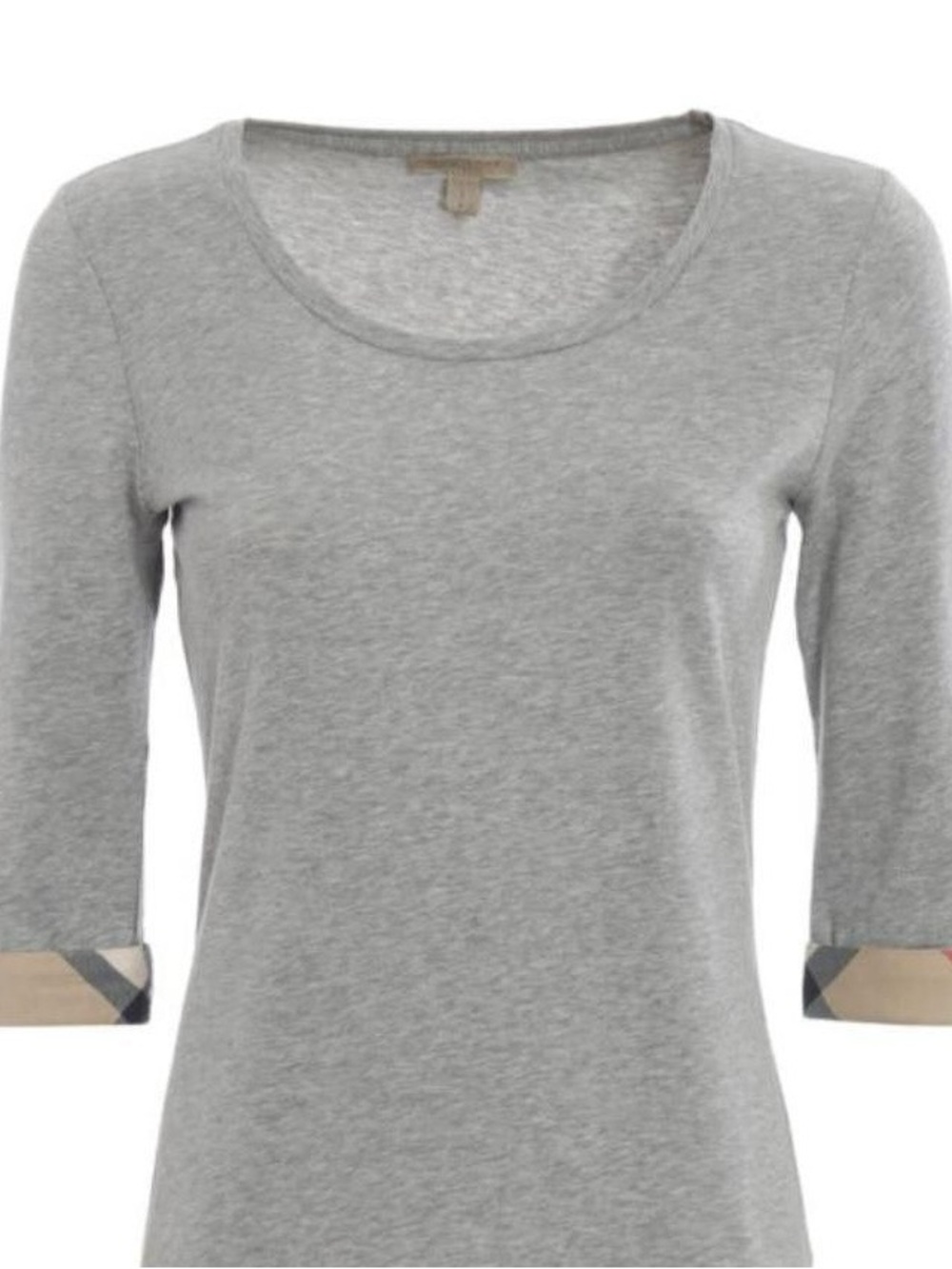 Burberry Women’s Light Gray Melange 3/4 Sleeve Top w/Check Trim Size M